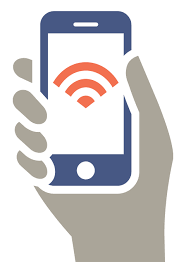clip art image of a hand holding a smart phone connected to the internet